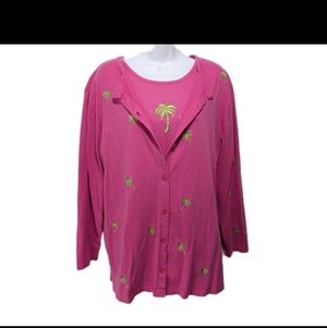 Quacker Factory Twin Set Tops 1X Cardigan T Shirt Palm Trees Beachy Vacation Sum